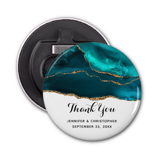 Moderne Aquamarine Agate & Gold Ribbon Wedding Flaschenöffner (Vorderseite)