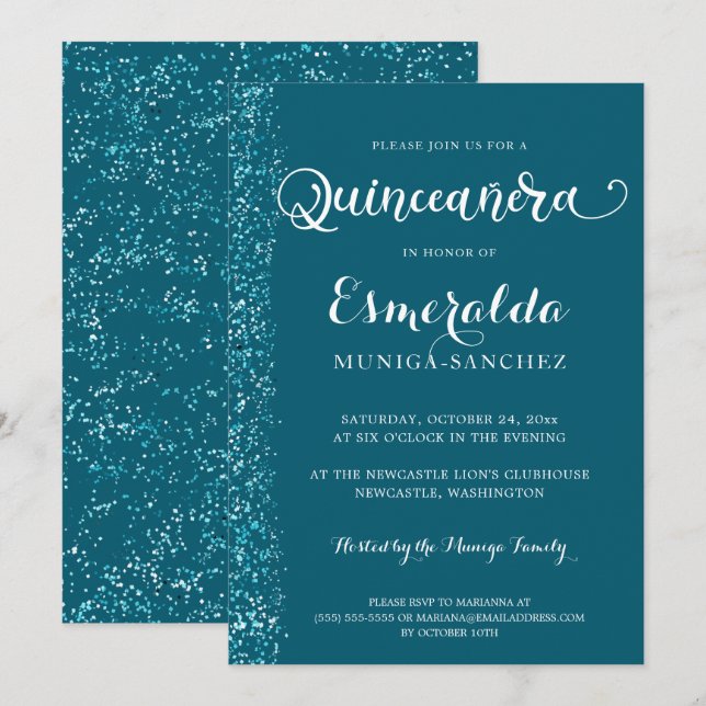 Moderne Aquamarine Blaue Silber Sparkle Quinceaner Einladung (Vorne/Hinten)