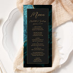 Moderne Aquamarine Blue Gold Agate Dark Wedding Menükarte<br><div class="desc">Dieses elegante,  moderne Hochzeitsmenü besticht durch eine aquamarine Aquarellkulisse,  die mit goldenen Imitaten und Glitzer besticht. Der Text erscheint in goldfarbener Handschrift und singt serifenlose Schriftart auf einem schwarzen Rechteck aus Schiefer. Das agate Design wird auf der Rückseite wiederholt.</div>