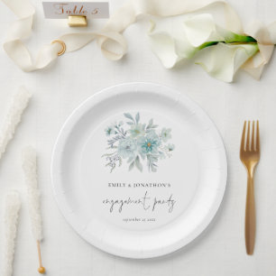 Moderne Aquamarine Blue Sea Mist Florals Engagemen Pappteller