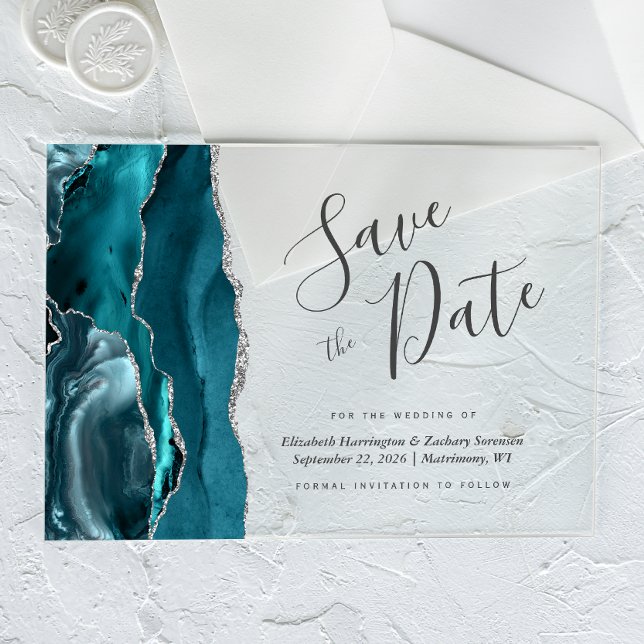 Moderne Aquamarine Blue Silver Agate Save the Date Acryleinladungen (Von Creator hochgeladen)