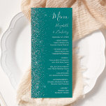 Moderne Aquamarine Blue Silver Glitzer Edge Weddin Menükarte<br><div class="desc">Die links Seite dieses eleganten,  modernen Hochzeitsmenüs besticht durch ein silbernes Imitat-Glitzer-Design. Der anpassbare Text kombiniert silbergraue Handschrift,  Kupferplatte und kursiv Schriftart auf einem aquamarinen blauen Hintergrund. Die Rückseite ist mit einem aquamarinen und silbernen Glitzer-Design ausgestattet.</div>