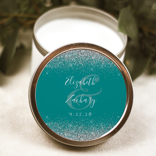 Moderne Aquamarine Blue Silver Glitzer Edge Weddin Runder Aufkleber (Von Creator hochgeladen)
