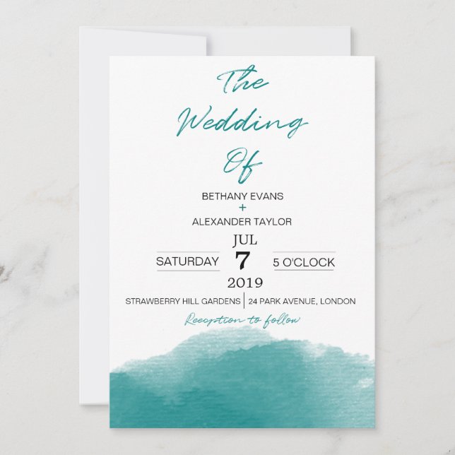 Moderne Aquamarine Blue Watercolor Script Hochzeit Einladung (Vorderseite)
