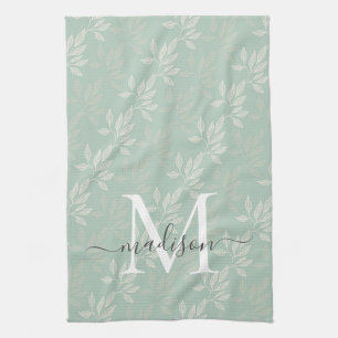 Moderne Aquamarine Botanische Blätter Monogramm-Sk Geschirrtuch
