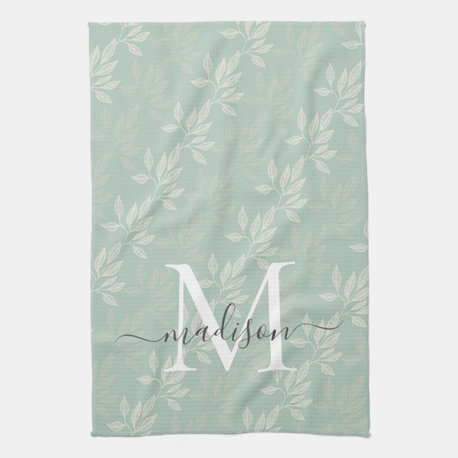 Moderne Aquamarine botanische Blätter Monogrammsch Geschirrtuch (Vertikal)