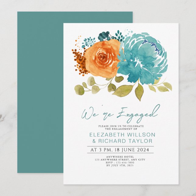 Moderne Aquamarine Burnt Orange Floral Engagement  Einladung (Vorne/Hinten)