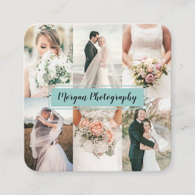 Moderne aquamarine Fotografen Foto Collage schlich Quadratische Visitenkarte (Vorderseite)