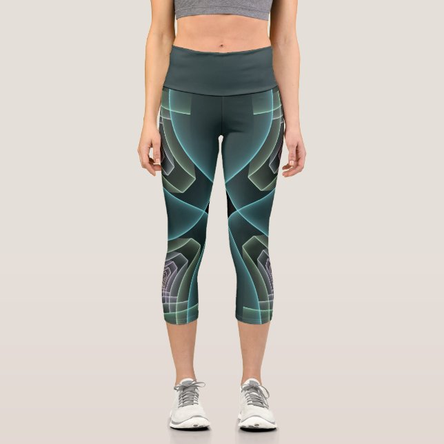 Moderne Aquamarine geometrische Fraktal-Grafik Capri Leggings (Vorderseite)