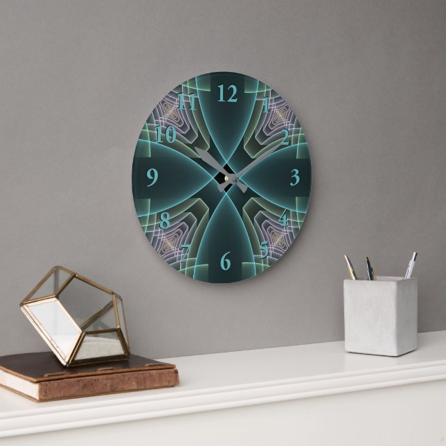 Moderne Aquamarine geometrische Fraktal-Grafik Große Wanduhr (Büro)