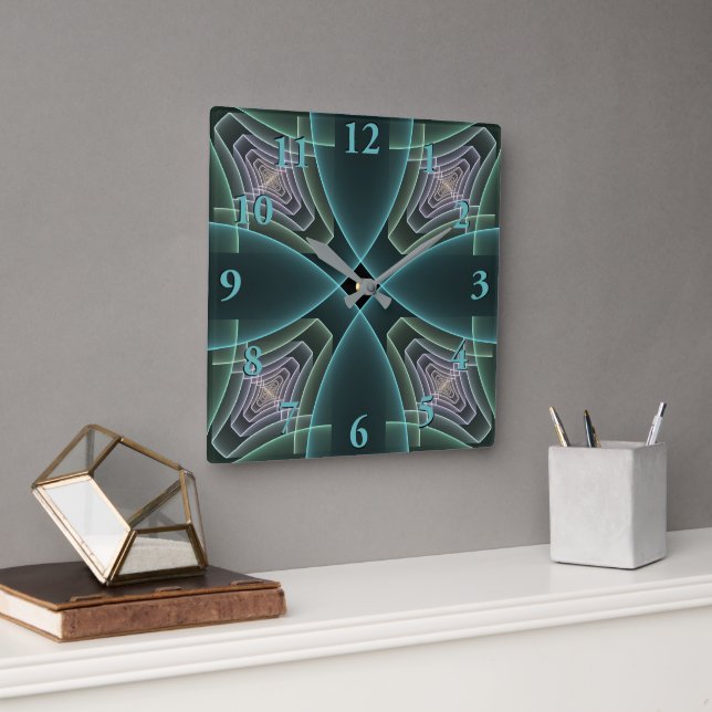 Moderne Aquamarine geometrische Fraktal-Grafik Quadratische Wanduhr (Büro)