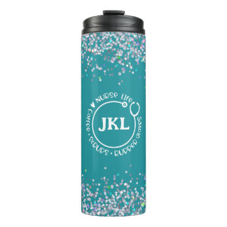 Moderne Aquamarine Glitzer Monogram Stethoscope Nu Thermosbecher