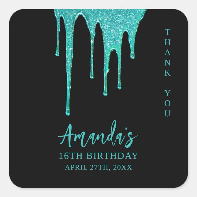 Moderne Aquamarine Glitzer Tropfen Sweet 16 Birthd Quadratischer Aufkleber (Vorderseite)