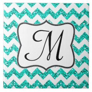 Moderne Aquamarine Glitzer-Zickzack-Monogramm-Anze Fliese