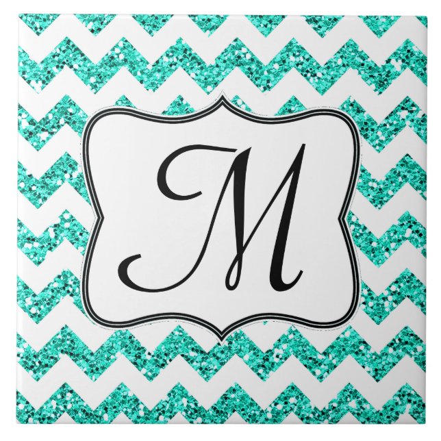 Moderne Aquamarine Glitzer-Zickzack-Monogramm-Anze Fliese (Vorderseite)