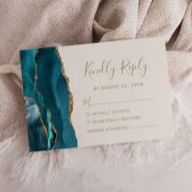 Moderne Aquamarine Gold Agate Ivory Wedding RSVP C