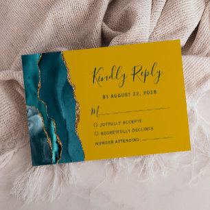 Moderne Aquamarine Gold Agate Mustard Wedding RSVP Karte