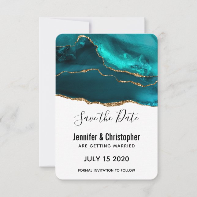 Moderne Aquamarine Gold & White Agate Hochzeit Save The Date (Vorderseite)