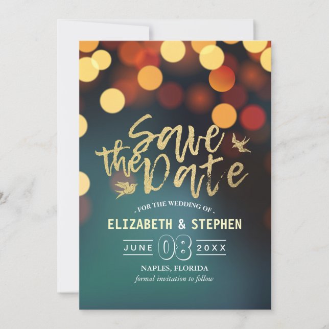 Moderne Aquamarine goldene Bokeh-Hochzeit rettet d Save The Date (Vorderseite)
