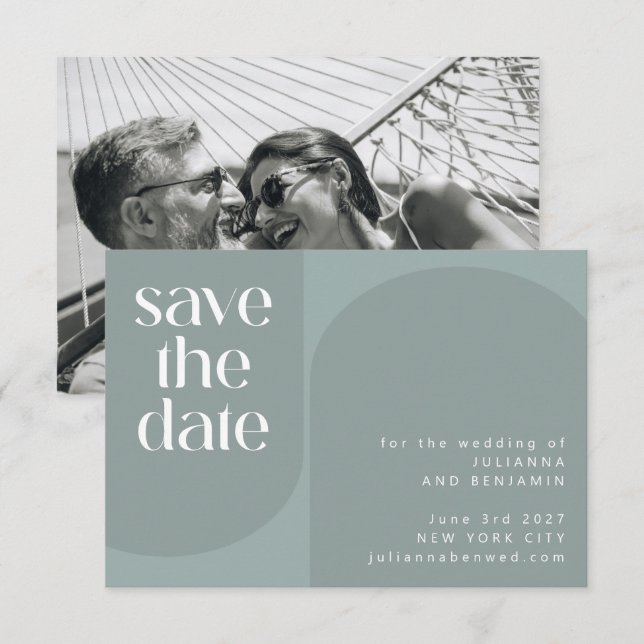 Moderne Aquamarine Hochzeit mit grüner Geometrie Save The Date (Vorne/Hinten)
