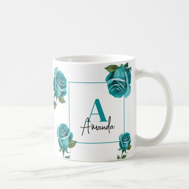 Moderne Aquamarine Rose Monogram Custom Mama Kaffeetasse (Rechts)