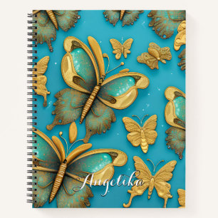 Moderne Aquamarine Schmetterlinge Gold-Glitzer Notizbuch
