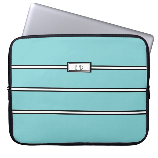 Moderne Aquamarine Schwarz-weiße Mit Monogramm Ini Laptopschutzhülle (Vorderseite)