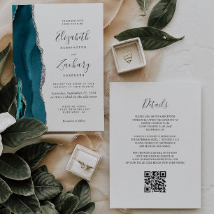 Moderne Aquamarine Silber-Agate QR-Hochzeit Einladung