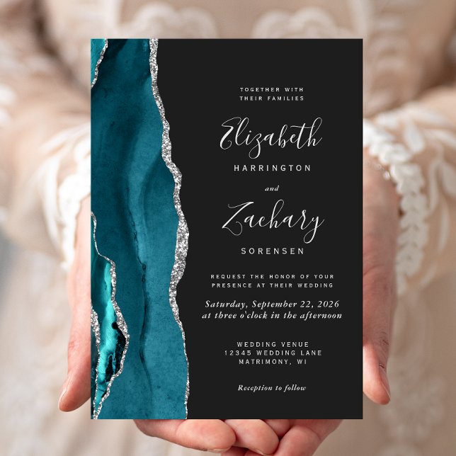 Moderne Aquamarine Silver Agate Dark Wedding Einladung (Von Creator hochgeladen)