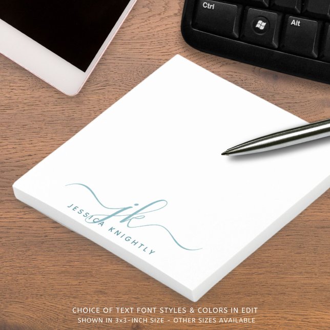 Moderne Aquamarine Skriptmonogramm-Initialen Post-it Klebezettel (Von Creator hochgeladen)