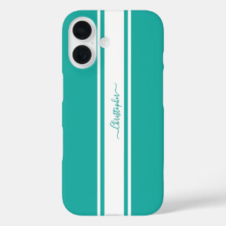 Moderne, Aquamarine Streifen Mit Monogramm Chic iPhone 16 Hülle