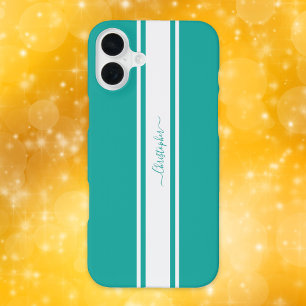 Moderne, Aquamarine Streifen Mit Monogramm Chic iPhone 16 Plus Hülle