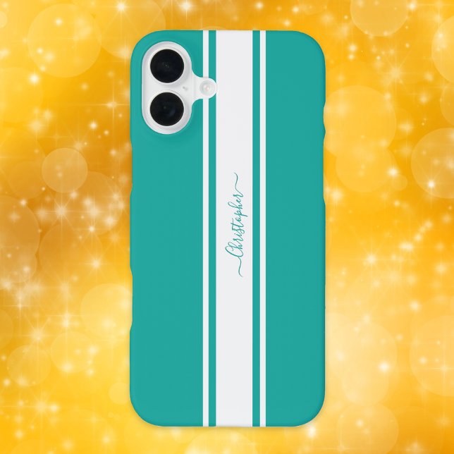 Moderne, Aquamarine Streifen Mit Monogramm Chic iPhone Hülle (Modern Teal White Racing Stripes Monogrammed Chic iPhone Case)