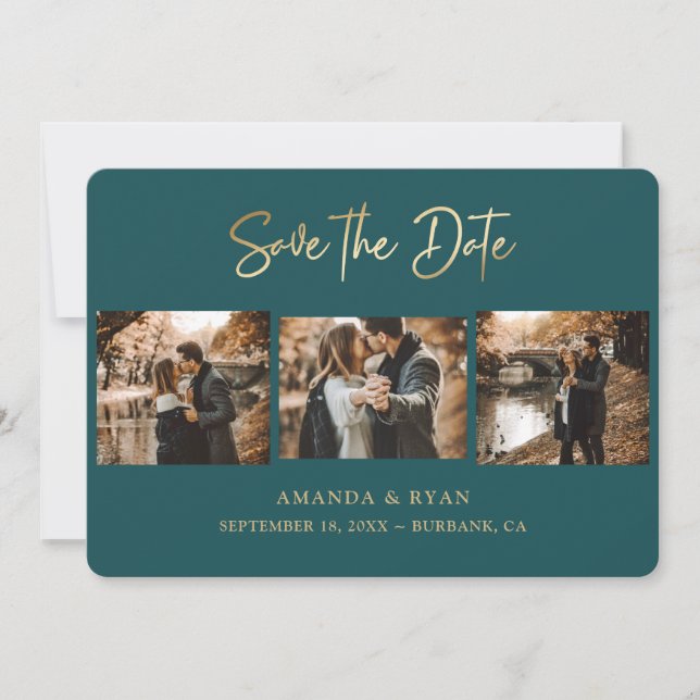 Moderne Aquamarine und goldene Foil Wedding 3 Foto Save The Date (Vorderseite)