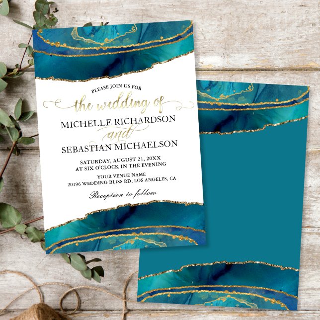 Moderne Aquamarine Wasserfarbengoldene Hochzeit Einladung (Modern Teal Watercolor Gold Agate Wedding Invitation)