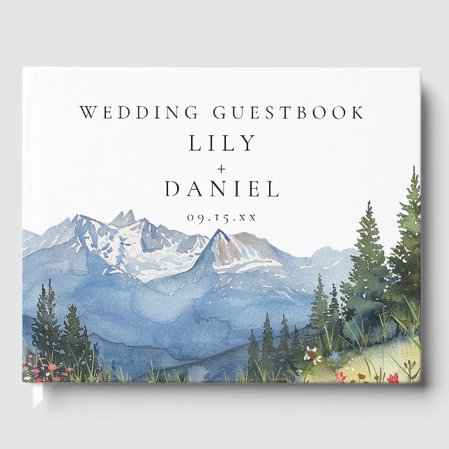 Moderne Aquarell-Berg-Blumen-Hochzeit Gästebuch (Vorderseite)