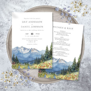 Moderne Aquarell-Berg-Wildblumen-Hochzeit Einladung