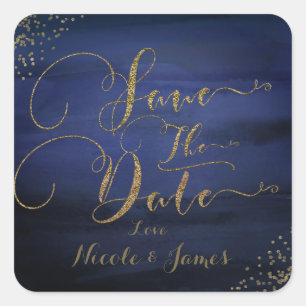 Moderne Aquarell Blau Gold Konfetti Save the Date Quadratischer Aufkleber