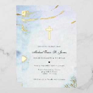 Moderne Aquarell   Blau & Gold Tauf Einladung