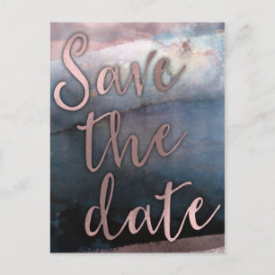 Moderne Aquarell Blau & Roségold Save the Date Ankündigungspostkarte