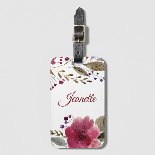 Moderne Aquarell-Blume Burgund und Grün Gepäckanhänger (Vorderseite Vertikal)