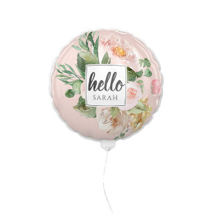 Moderne Aquarell-Blume & Hallo & Name Ballon