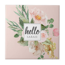 Moderne Aquarell-Blume & Hallo & Name Fliese