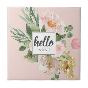 Moderne Aquarell-Blume & Hallo & Name Fliese