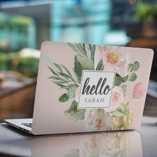 Moderne Aquarell-Blume & Hallo & Name HP Laptop-Aufkleber