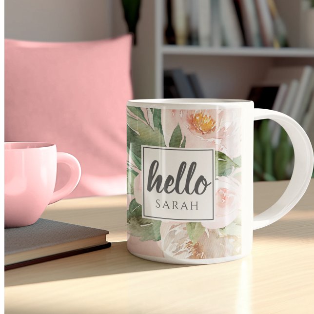 Moderne Aquarell-Blume & Hallo & Name Kaffeetasse (Von Creator hochgeladen)