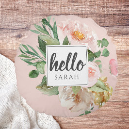 Moderne Aquarell-Blume & Hallo & Name Rundes Kissen