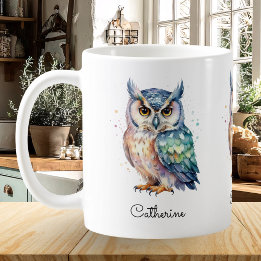 Moderne Aquarell-Eule mit individuellem Namen Kaffeetasse