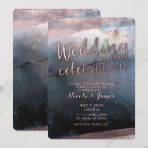 Moderne Aquarell-Hochzeit in Blautönen und Roségol Einladung