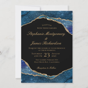 Moderne Aquarell-Hochzeit mit Blauem Goldfolien-Ac Einladung